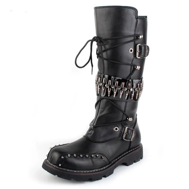 Men's Gothic Skull Belted Motorcycle Boots - Military Punk Combat Style