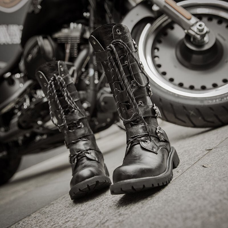 Punk Leather Motorcycle Boots with Belt