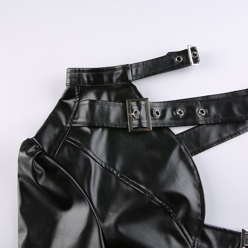 Channel your inner rebel with this striking black PU leather crop top.