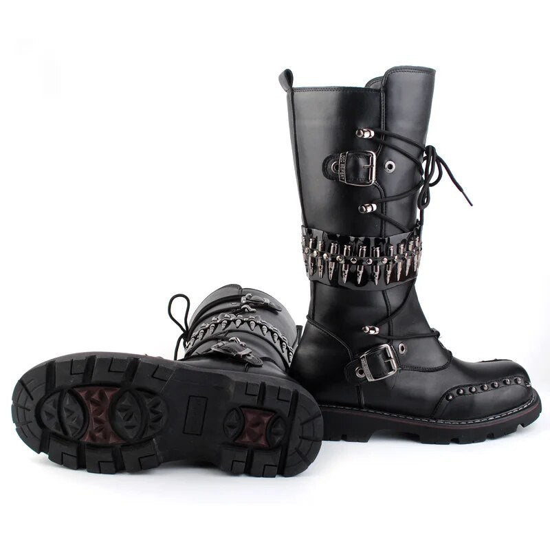 Men's Gothic Skull Belted Motorcycle Boots - Military Punk Combat Style