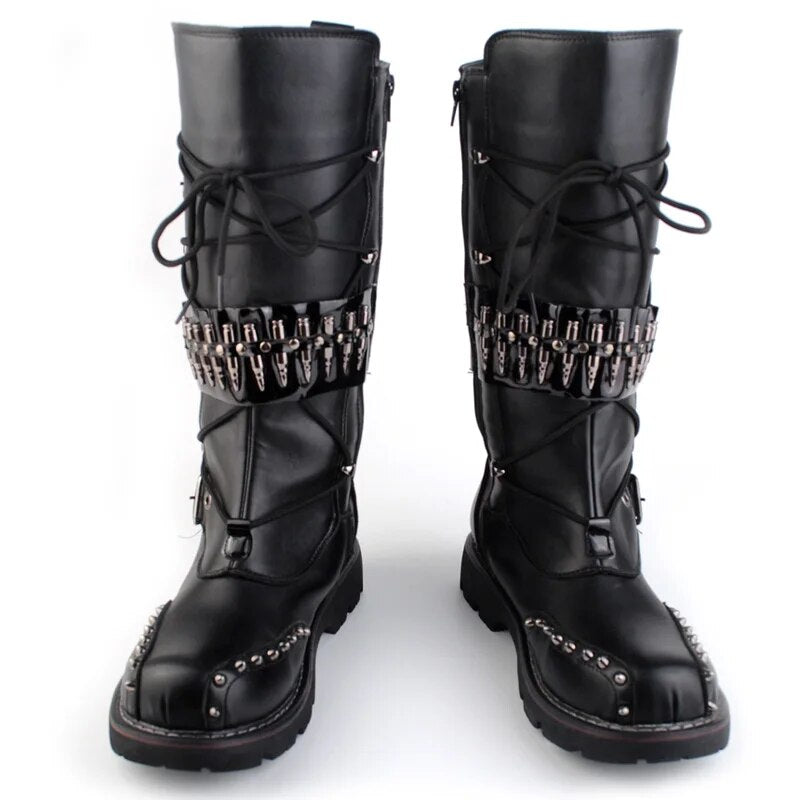 Men's Gothic Skull Belted Motorcycle Boots - Military Punk Combat Style