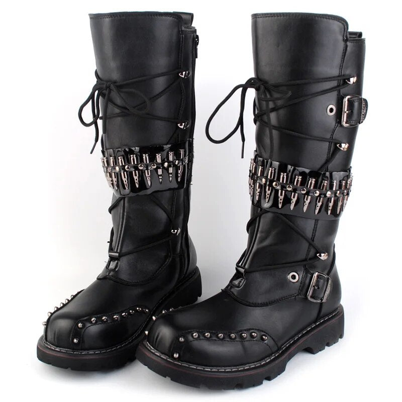 Men's Gothic Skull Belted Motorcycle Boots - Military Punk Combat Style