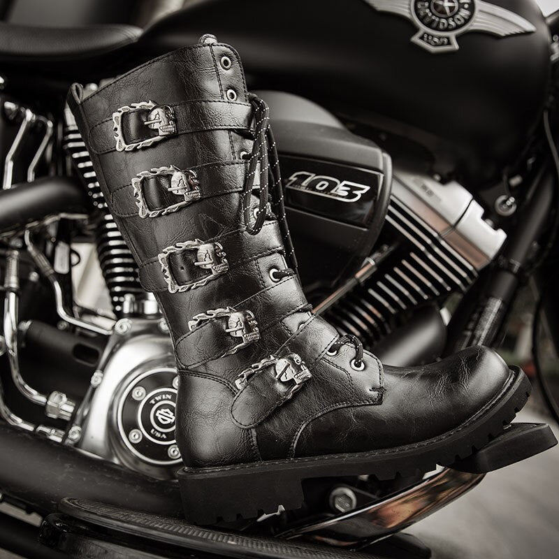 Punk Leather Motorcycle Boots with Belt