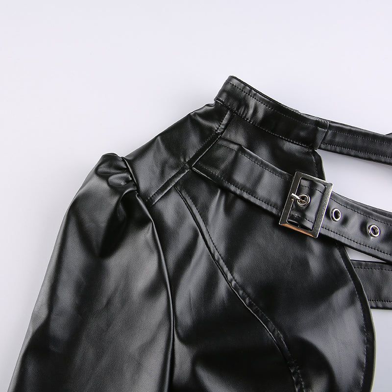 Experience the allure of gothic fashion with this black PU leather crop top.