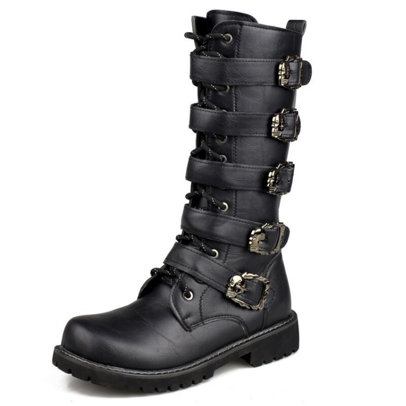 Punk Leather Motorcycle Boots with Belt