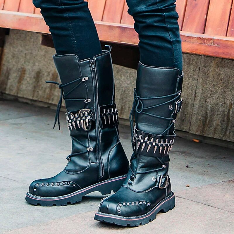 Men's Gothic Skull Belted Motorcycle Boots - Military Punk Combat Style