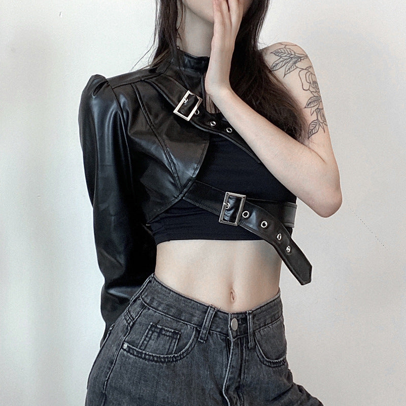 Add a touch of dark elegance to your wardrobe with this gothic PU leather crop top."