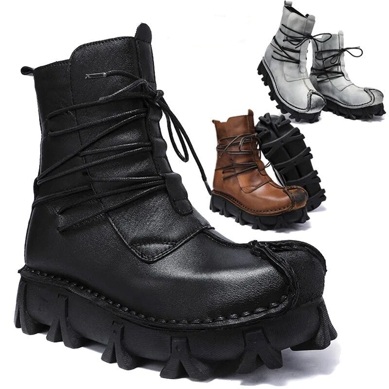 Men's Skull Gothic Punk Leather Motorcycle Boots for winter