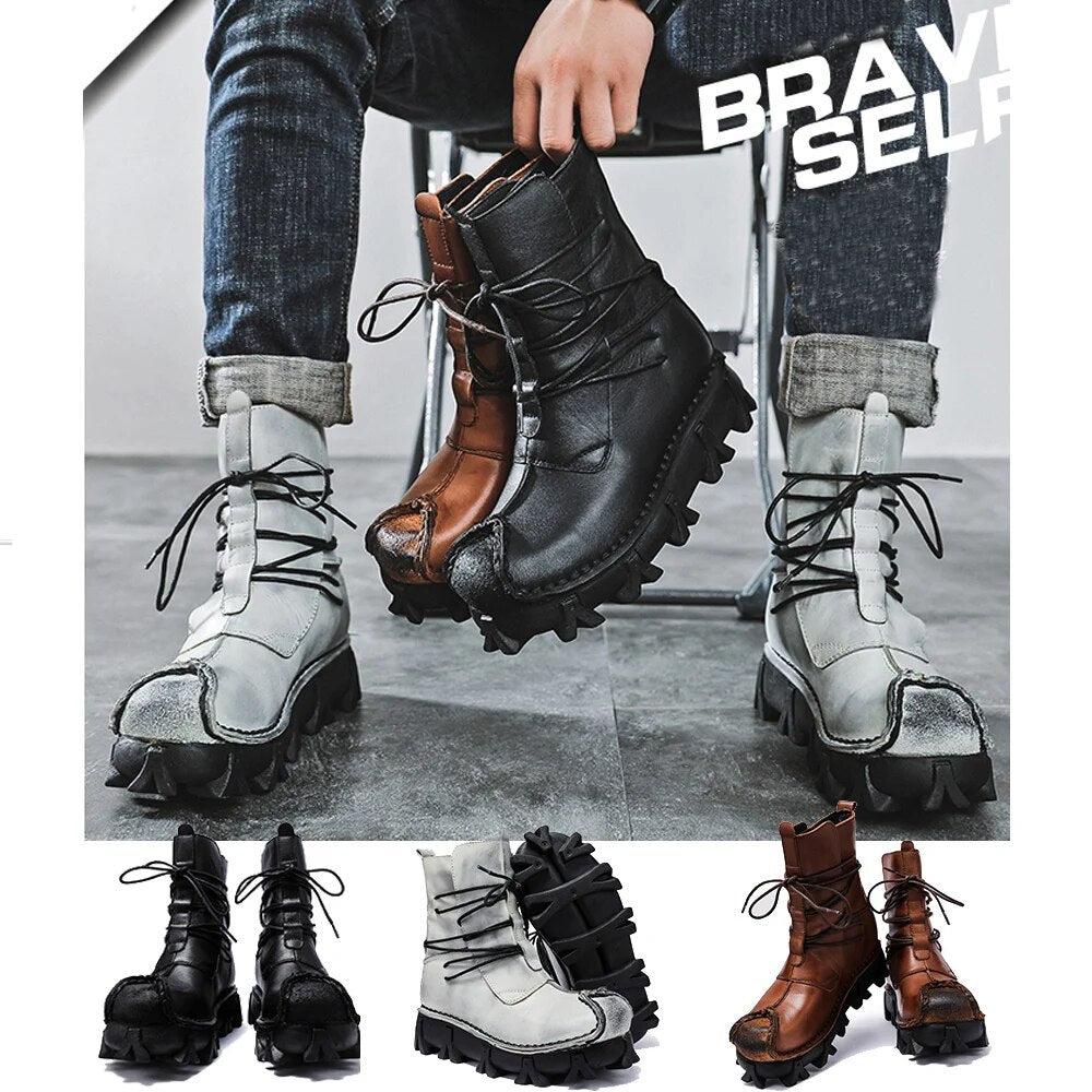 Men's Skull Gothic Punk Leather Motorcycle Boots for winter