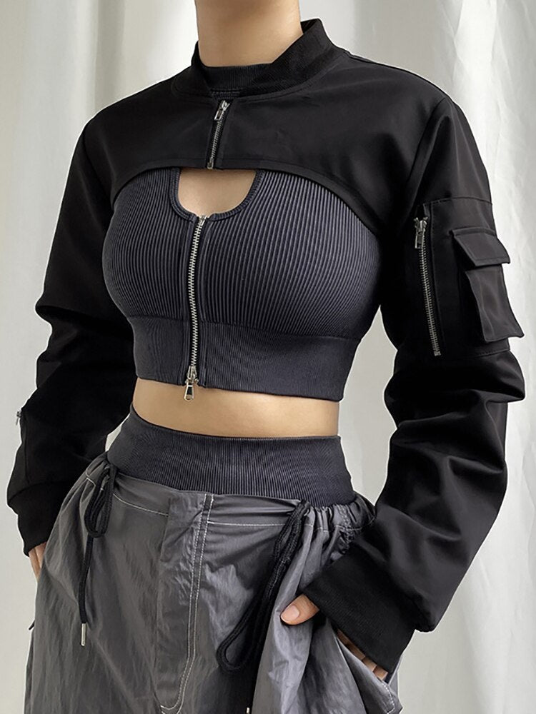 Edgy Gothic-style jacket with cropped length and unique design elements
