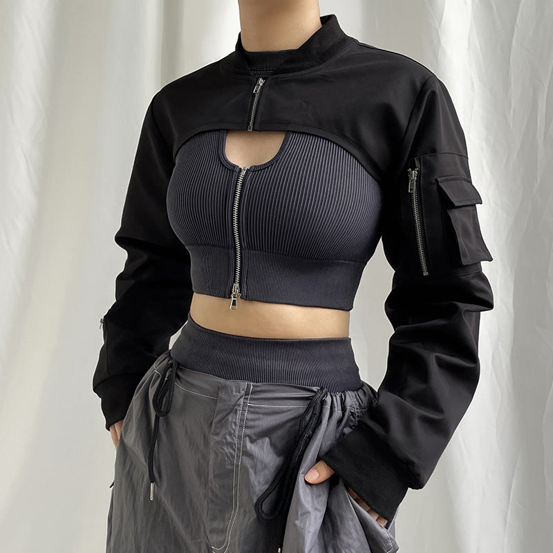 Black Gothic jacket for women with short length and metal hardware detailing
