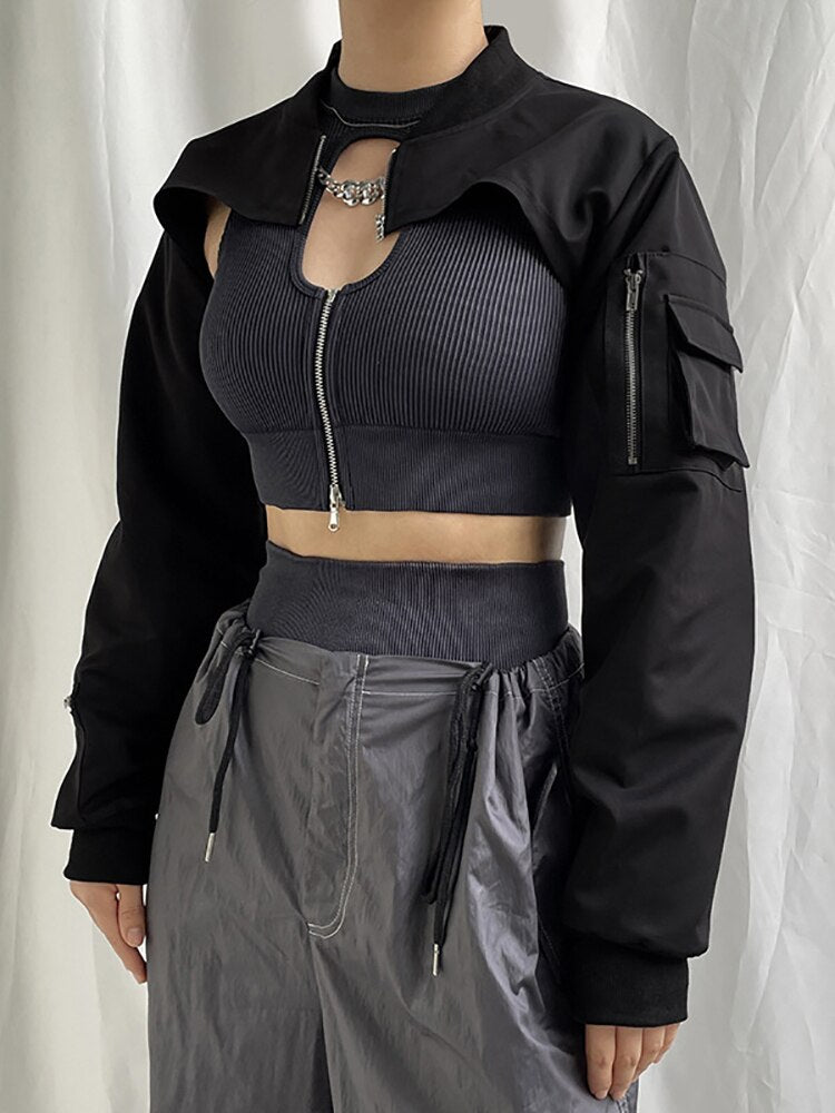 "Dark and sleek Gothic jacket featuring black faux leather and silver-tone accents