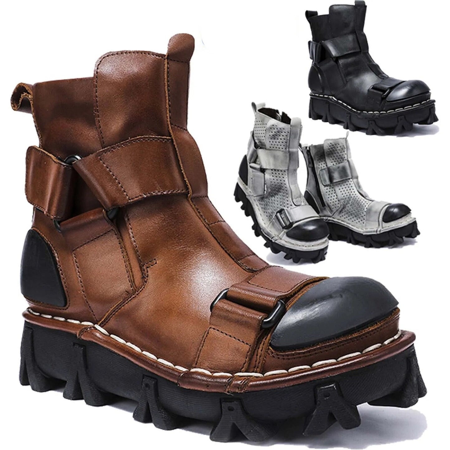 2023 New Men's Gothic Skull Leather Motorcycle Boots