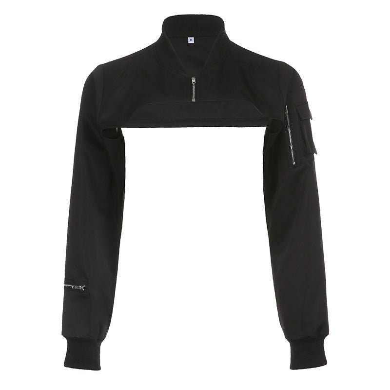 "Black Gothic jacket with short length and intricate lace-up details for a daring look"