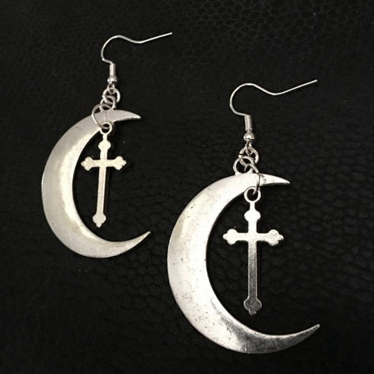 Gothic Large Hoop Moon and Cross Earrings