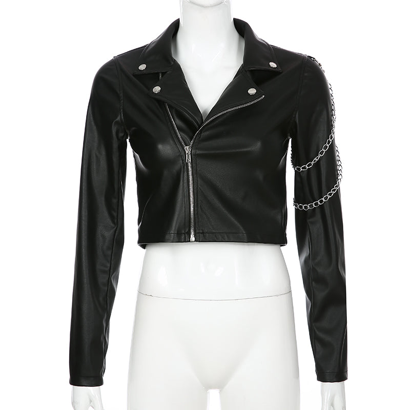 Gothic Faux Leather Cropped Jacket with Chains