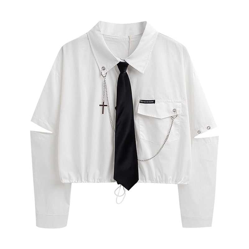 Gothic-inspired Button-Up Shirt for Men with Tie and Chain Design, Perfect for a Bold Statement Look