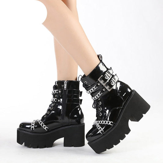 Gothic Black Platform Boots with Metal Chain