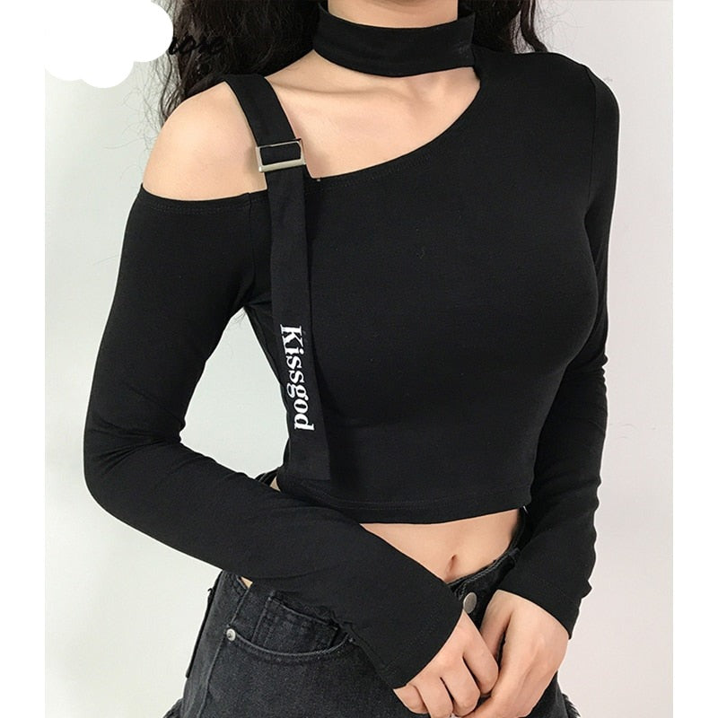Gothic Korean Style Buckle Women Turtleneck Sleeve T Shirt - Effortlessly Cool and Stylish
