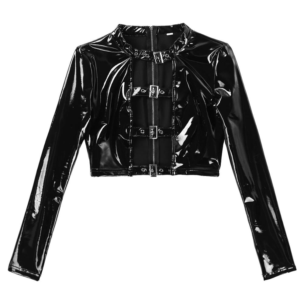 Trendy Gothic Punk crop top with wet look finish and buckle accents