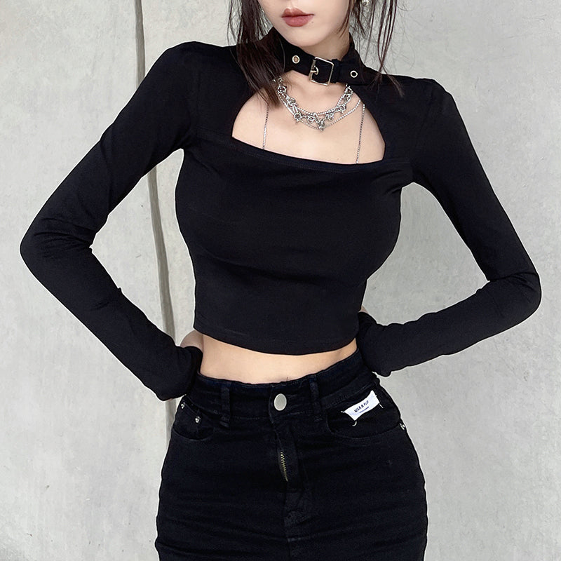 Gothic Cut-Out Black Harajuku Crop T-Shirt -