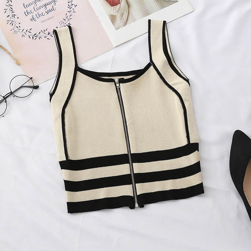 Striped Zipper Crop Top Tank
