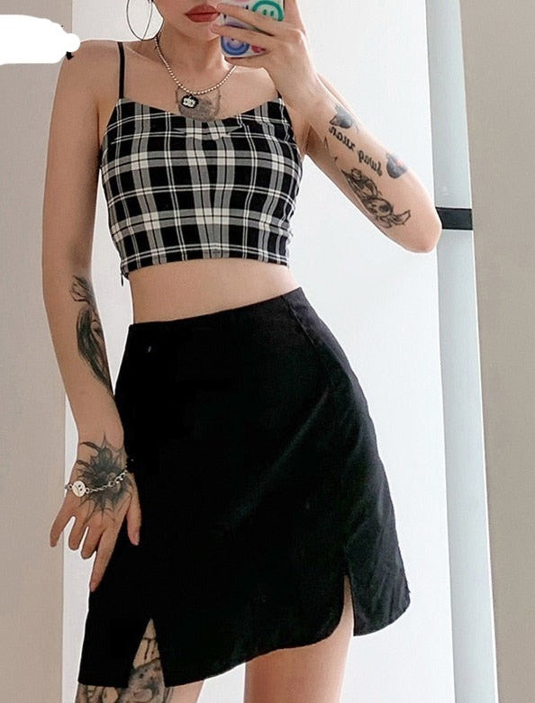 Gothic Plaid Camisole and Skirt Set - Elevate your style with this gothic-inspired two-piece set, showcasing a plaid camisole and skirt in a sleek design.