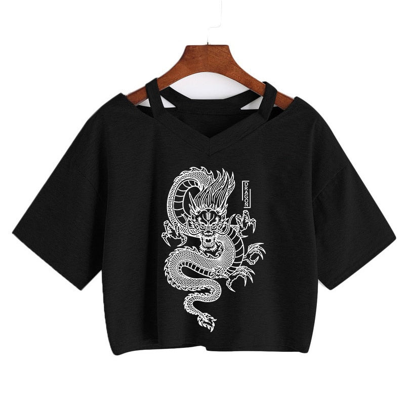 Gothic Streetwear Crop Top With Dragon