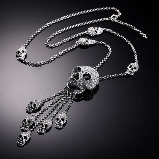 Gothic Thin Chain Necklace with Multiple Skull and Skeleton Pendant Designs