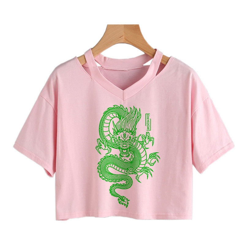 Gothic Streetwear Crop Top With Dragon
