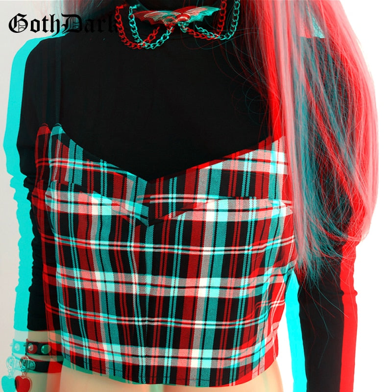Dark Gothic Outfit with Plaid Camisole - Embrace your gothic side with this dark and alluring two-piece set, complete with a plaid camisole and matching skirt.