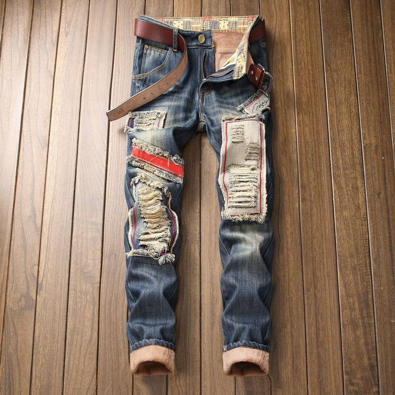 Fleece-Lined Jeans with Hole Patch and Straight Cut