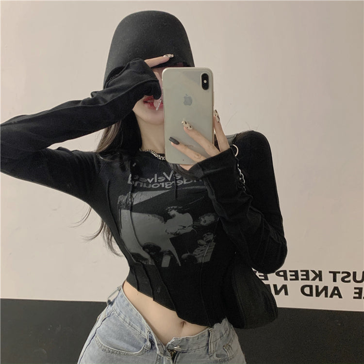 Graphic Print Cropped Tops 90s Vintage