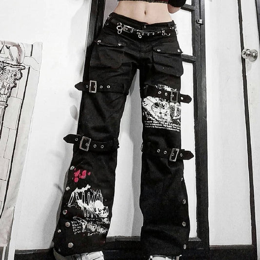 Gothic E-girl Black Cargo Capri Pants