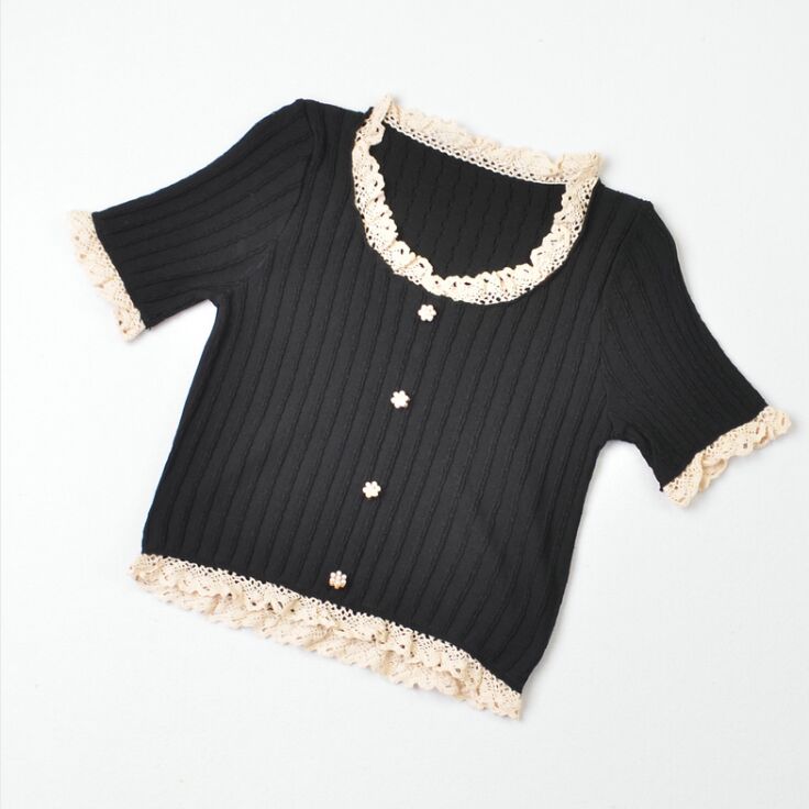 Girls Patched Lace O-Neck Knitting T-shirt