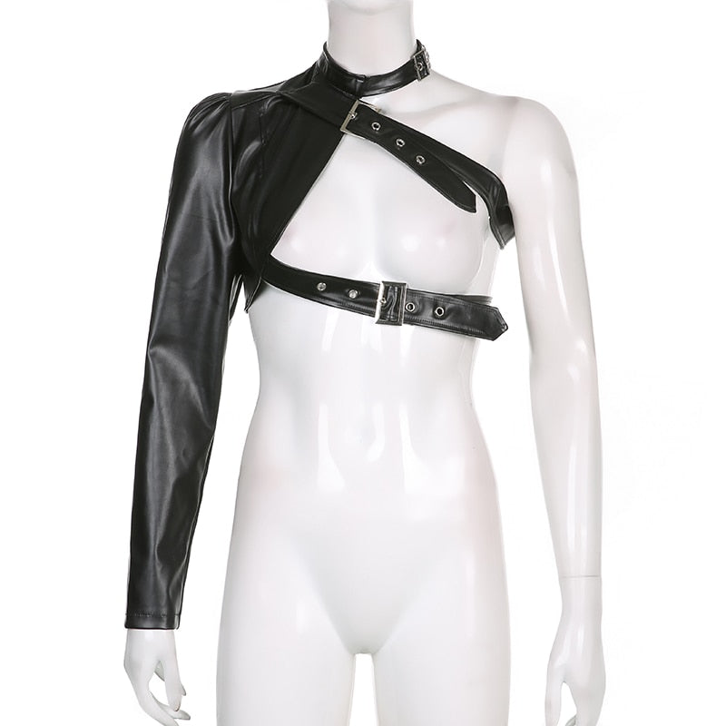 "Gothic-inspired PU leather crop top featuring a flattering fit and unique design.