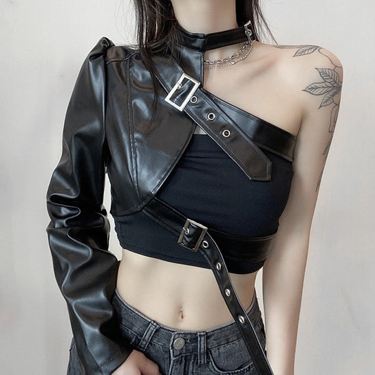 "Gothic black PU leather crop top with edgy and alternative style.