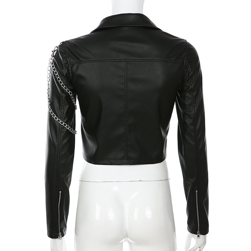 Gothic Faux Leather Cropped Jacket with Chains