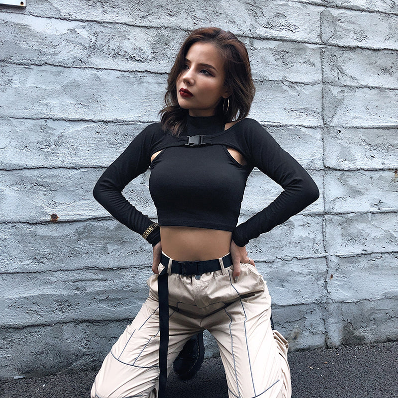 Gothic Korean Style Buckle Women Turtleneck Sleeve T Shirt - Fashion-forward and Uniquely Designed
