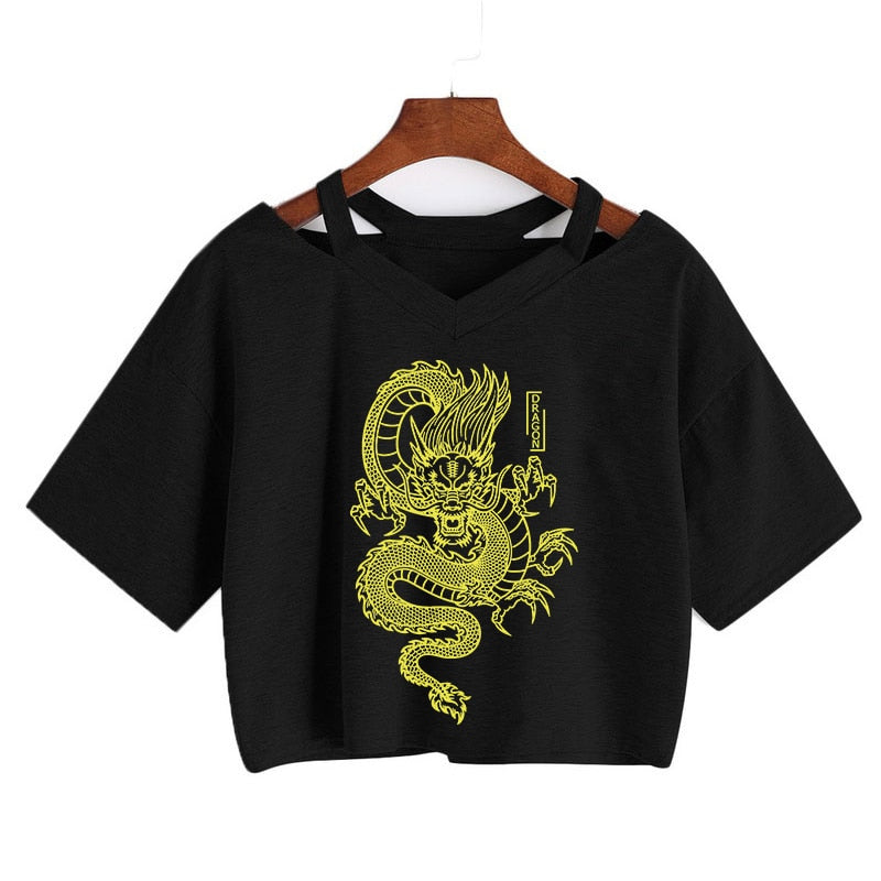 Gothic Streetwear Crop Top With Dragon