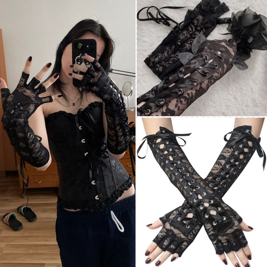 Punk Elbow-Arm Warmer Gloves with Fishnet Mesh and Laces