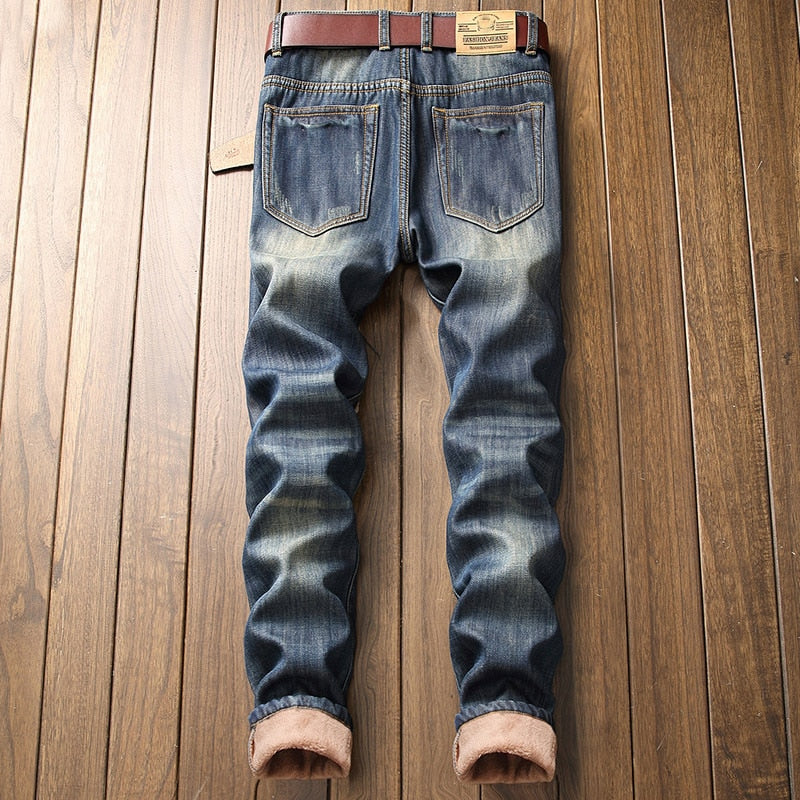 Fleece-Lined Jeans with Hole Patch and Straight Cut