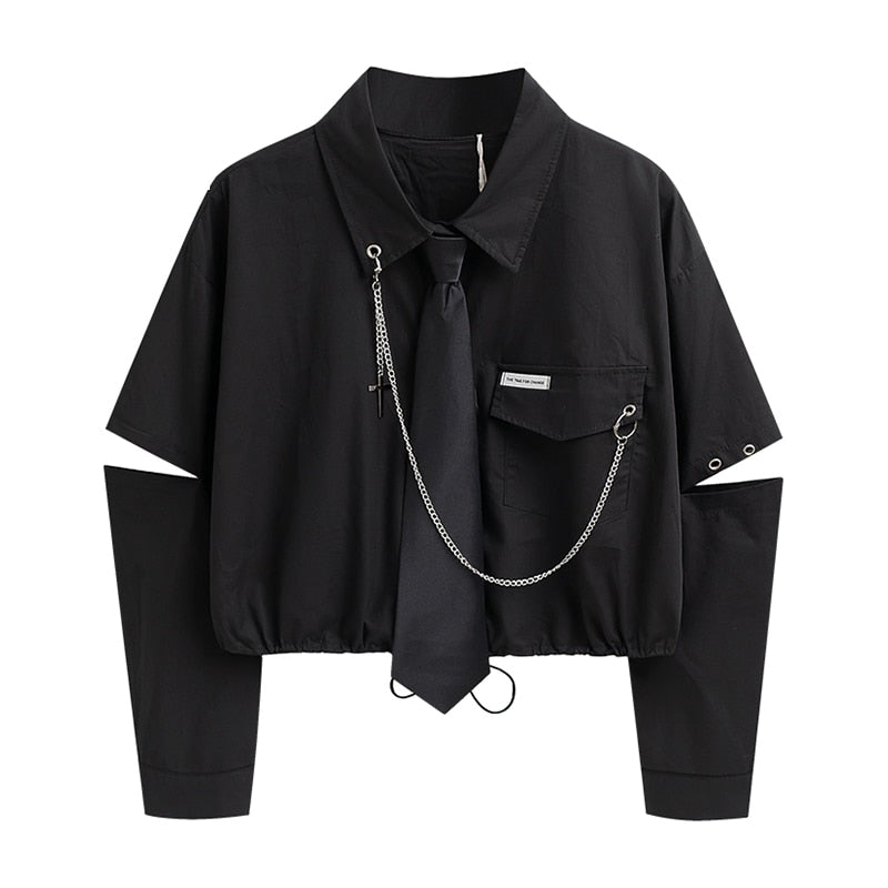 Long-Sleeved Gothic Shirt for Men with Unique Tie and Chain Accents
