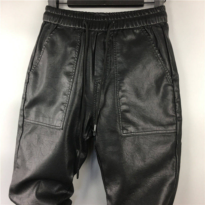 Faux leather harem pants with a distinctive and eye-catching design