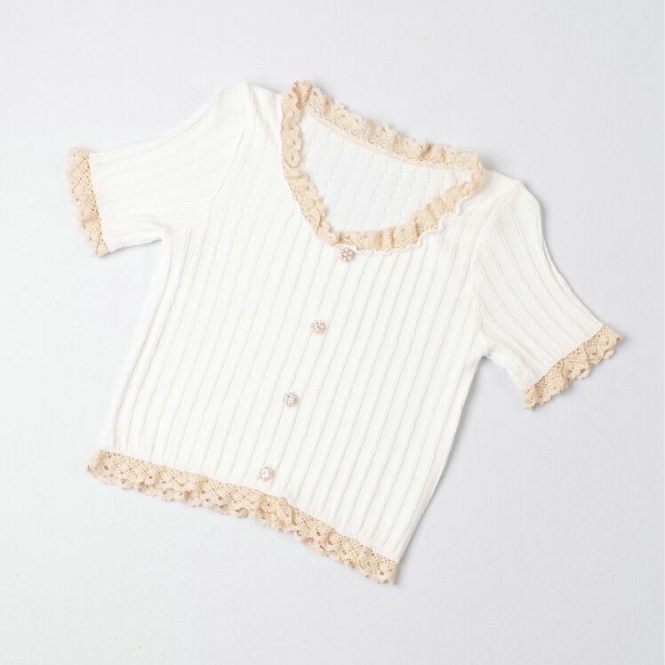Girls Patched Lace O-Neck Knitting T-shirt