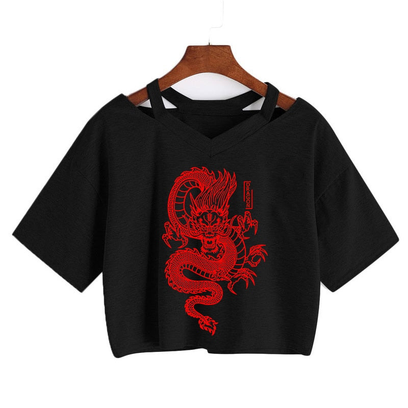 Gothic Streetwear Crop Top With Dragon