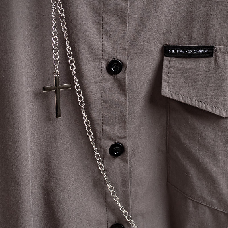 Gothic Button-Up Shirt for Men with Unique Tie and Chain Accents