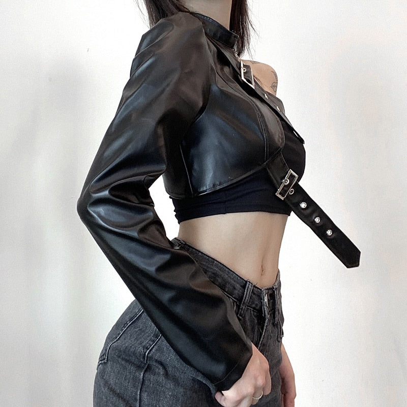 Black crop top made of high-quality PU leather with a bold and rebellious vibe.
