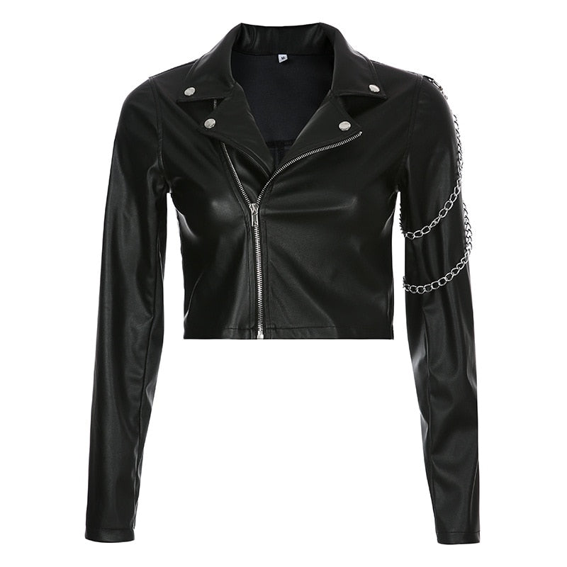Gothic Faux Leather Cropped Jacket with Chains