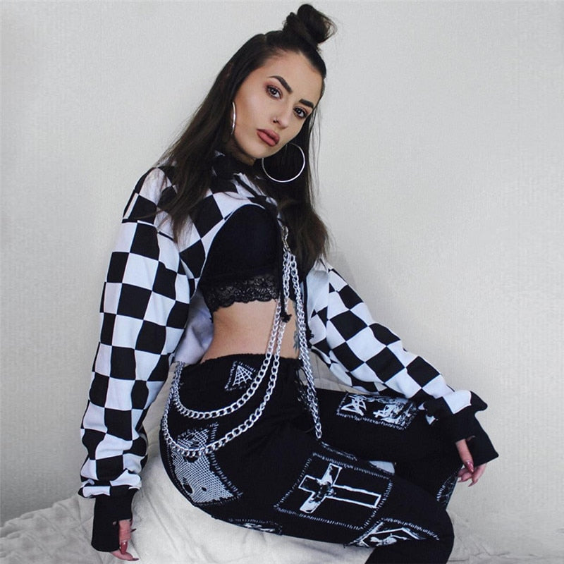 Gothic Plaid Casual Streetwear Hoodie Crop Top